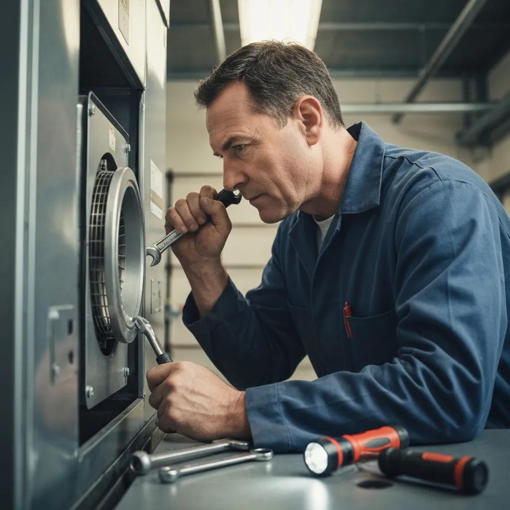 Technician inspecting a furnace blower motor, illustrating the importance of addressing strange noises in heating systems