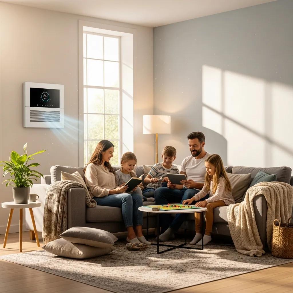Energy Saving Tips for Your HVAC System 1 Modern HVAC system in a cozy living room emphasizing energy efficiency and comfort