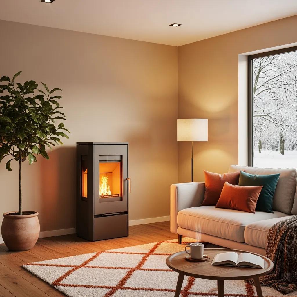 Modern furnace in a cozy living room, emphasizing warmth and comfort