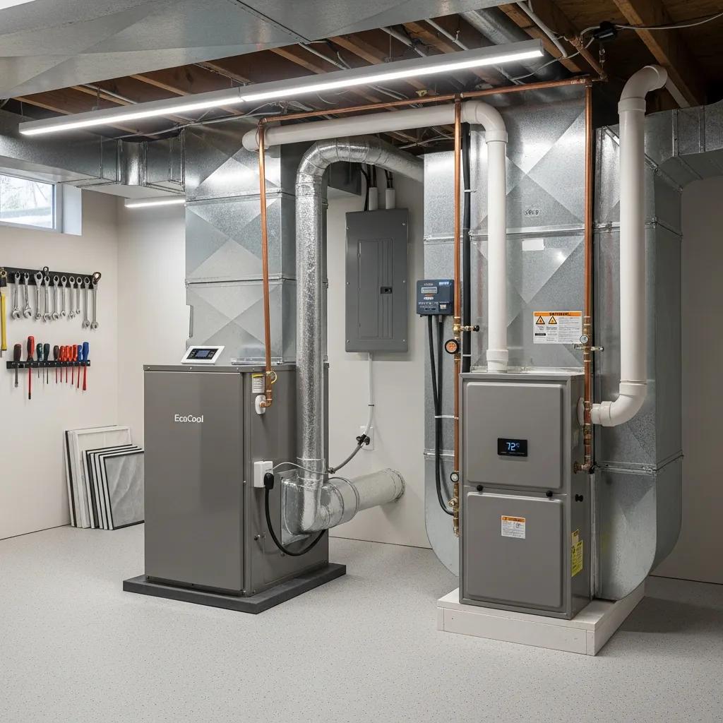 Modern HVAC system in a residential setting highlighting air conditioning and furnace units