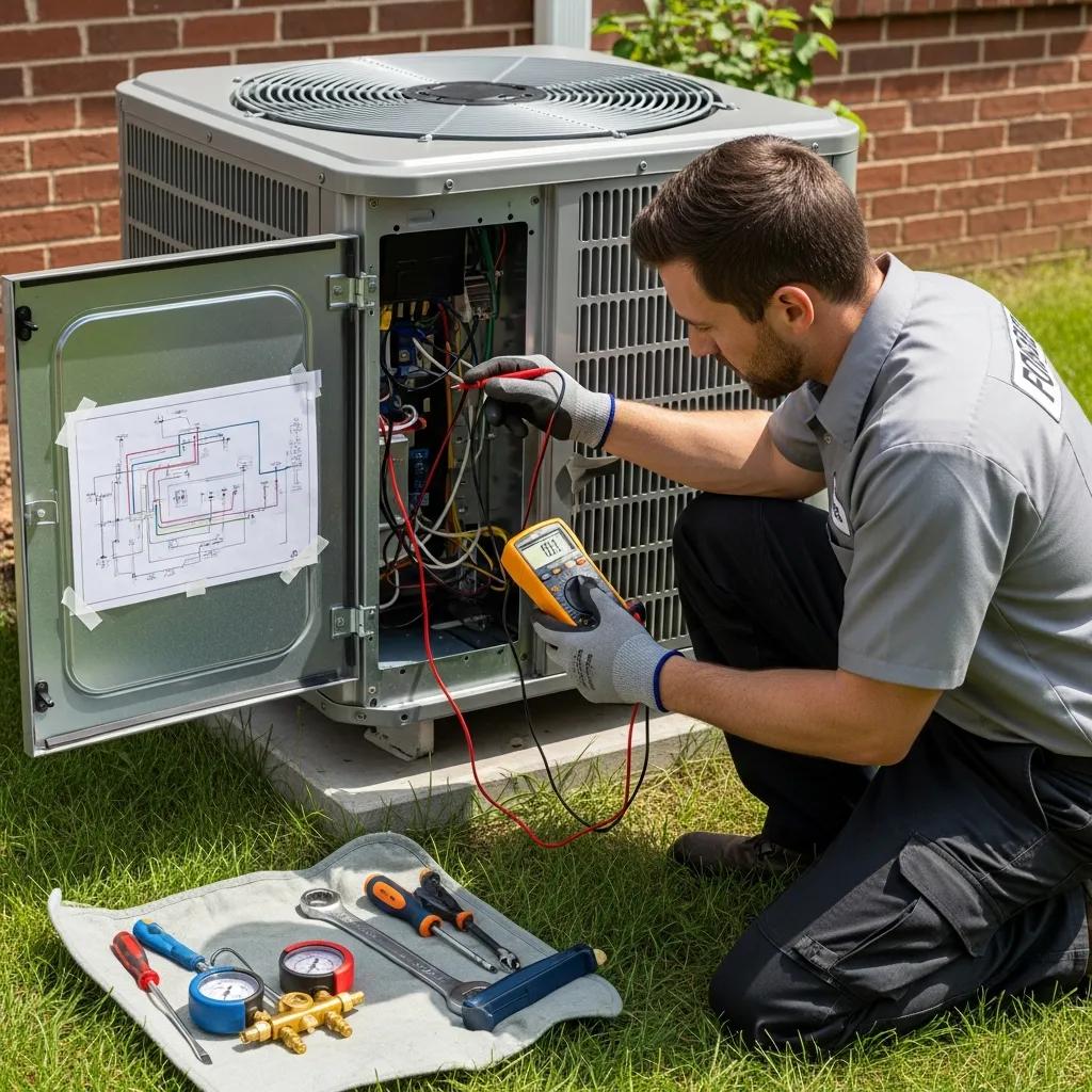 Troubleshooting Common HVAC Problems & Solutions 2 Technician inspecting an air conditioning unit outdoors for troubleshooting cooling issues