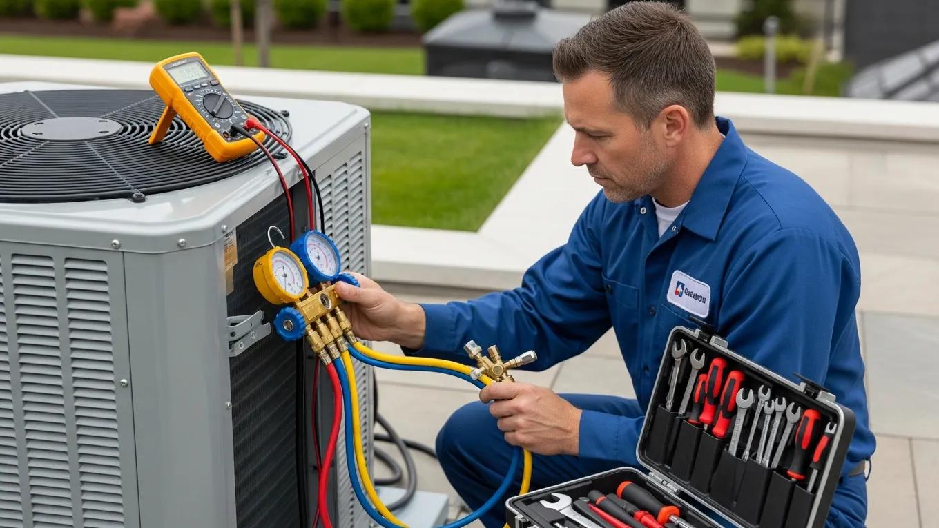 Keep Cool All Season: Essential AC Maintenance Tips 3 HVAC technician inspecting air conditioning system during a tune-up service
